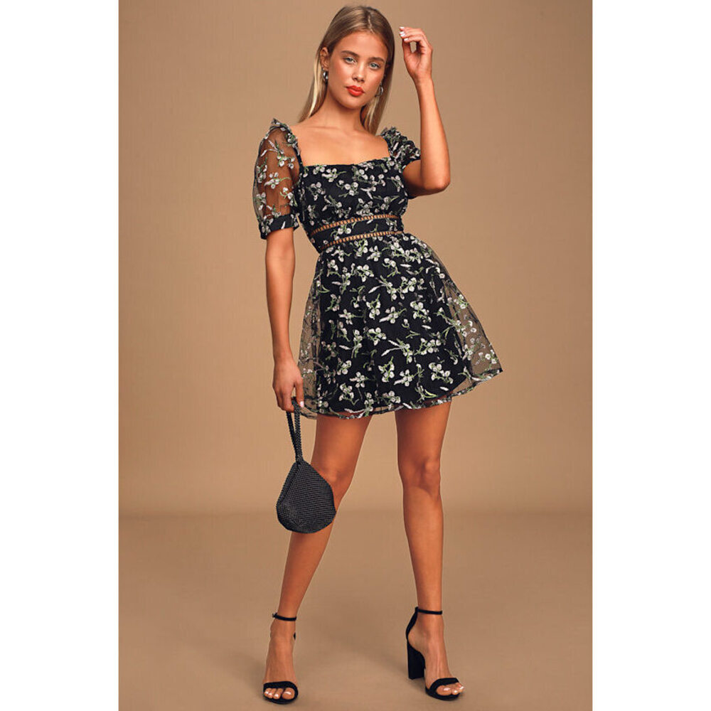 Lulus Radiant Love Black Floral Embroidered Short Sleeve Skater Dress - Size S